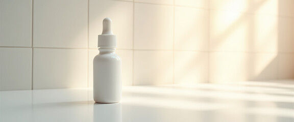 Poster - White Dropper Bottle on White Table with Sunlight