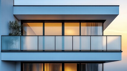 Modern apartment building with glass balconies illuminated by warm interior lights. Contemporary design features sleek lines and open, transparent spaces for urban living.

