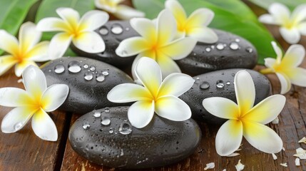 Wall Mural - Black hot stone massage stones on a wooden table 