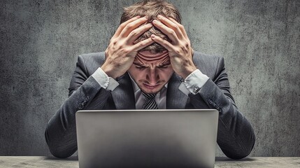 Wall Mural - Portrait of an exhausted businessman covering his head with his laptop