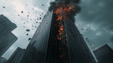 Crumbling financial skyscraper amidst dark storm clouds symbolizes economic instability and uncertainty