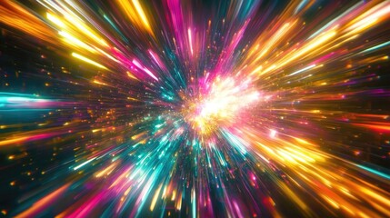 Poster - Explosion colorful rays. Shine dynamic scene. Magic moving fast lines. Hologram display. Bright blurred waves. Stylish space bright fantasy abstract background. Future tech. 3D illustration.