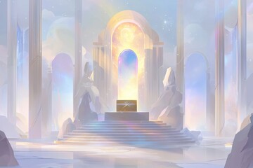 Mystical fantasy landscape with glowing portal and ethereal architecture. Concept of magic, spirituality, imagination, and otherworldly adventure