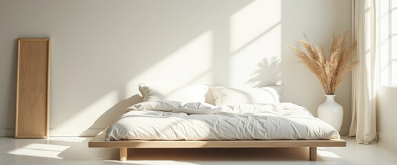 Canvas Print - Minimalist Bedroom with Wooden Bed and White Bedding