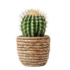 A green cactus in a woven rope pot, showcasing a simple and natural decor element.