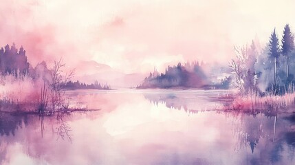 Wall Mural - A serene watercolor landscape featuring a calm lake, gentle reflections, and soft pastel colors, evoking tranquility and beauty.