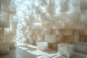 Wall Mural - minimalist architectural marvel towering wall of pristine ivory cubes striking interplay of light and shadow creates mesmerizing geometric patterns clean modern aesthetic