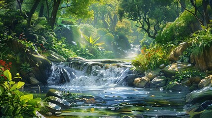 A small waterfall in a lush green forest.