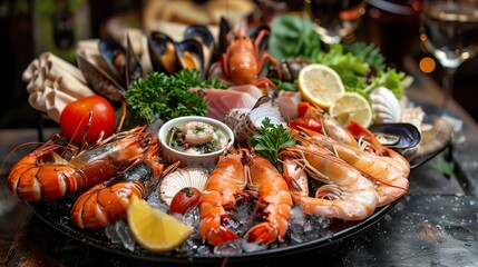 A large platter of fresh seafood.