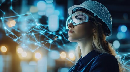 Poster - industry and Internet of Things concept. modern factory buildings. woman engineer. communication network. industry4.0