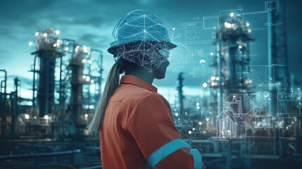 Poster - industry and Internet of Things concept. modern factory buildings. woman engineer. communication network. industry4.0