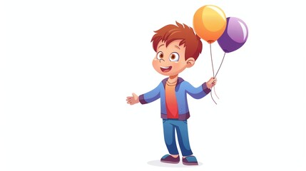 Wall Mural - A cartoon boy is holding two balloons, looking up with a happy expression.