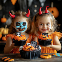 Canvas Print - young_girls_with_Halloween_cupcakes