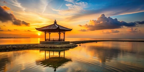 Wall Mural - Silhouette of Asian gazebo against tropical sunrise on ocean point in Sanur Beach, Indonesia, gazebo, Asian, silhouette