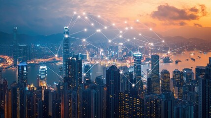 Poster - Network connection line between building over of cityscape background network and connection concept