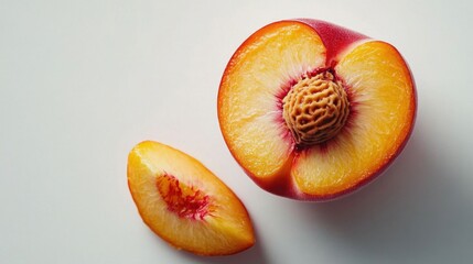 A peach is cut in half, revealing its seeds and the juicy, sweet flesh inside