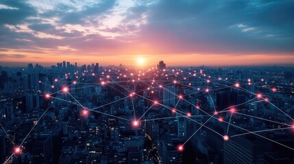 Poster - Network connection line between building over of cityscape background network and connection concept