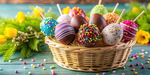 Wall Mural - Delicious cake pops and chocolate Easter eggs in basket with colorful frosting, sprinkles