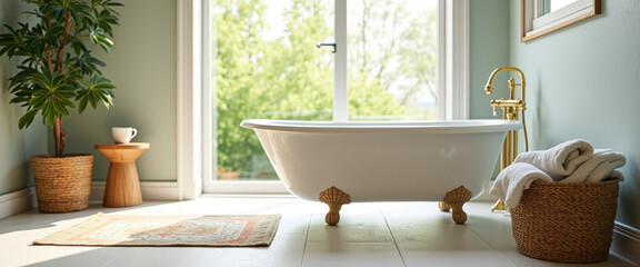 Wall Mural - Modern Bathroom with White Tub and Green Wall