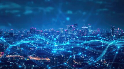 Poster - Smart city and big data connection technology concept with digital blue wavy wires with antennas on night megapolis city skyline background, double exposure
