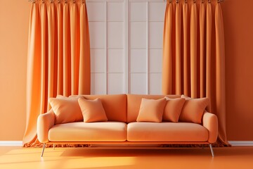 Poster - 3D render of a minimalistic orange living room with a sofa and a window with curtains