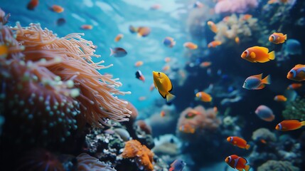 A vibrant coral reef with colorful fish swimming through the water.