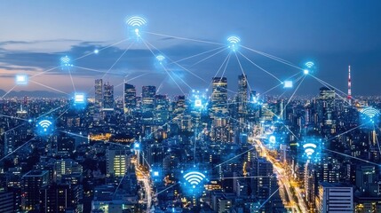 Poster - Smart city and communication network concept. 5G. IoT (Internet of Things). Telecommunication.