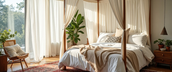 Canvas Print - Sunlit Bedroom with Canopy Bed and Lush Greenery