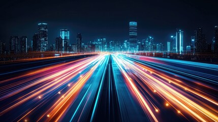 Poster - Smart city with speed line glowing light trail surround the city. big data connection technology concept