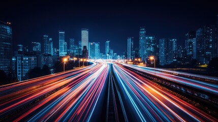 Poster - Smart city with speed line glowing light trail surround the city. big data connection technology concept
