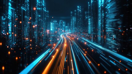 Poster - Smart city with speed line glowing light trail surround the city. big data connection technology concept