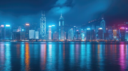 Poster - Smart network and Connection technology concept, Hong Kong digital city background at night in victoria harbour, Cyberpunk color style, Panorama view