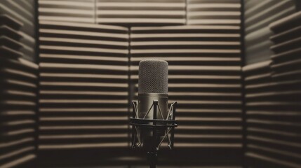 A sleek, modern microphone set up in a recording booth, with soundproof walls in the background.