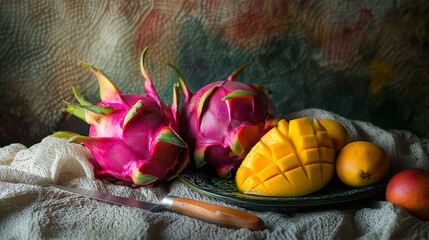 Wall Mural - Colorful dragon fruit and mango rest near a knife on a ceramic plate, set against a backdrop of textured cloth.