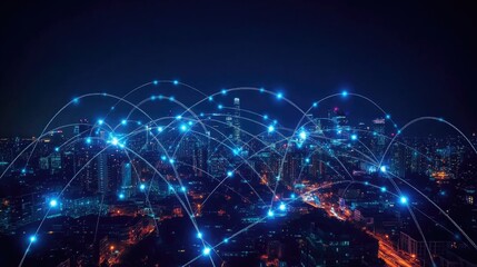 Poster - Wireless network, Connection technology concept, Information communication network, abstract line connection on night city background
