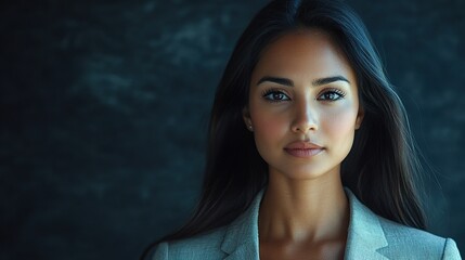 an Indian woman in a modern outfit such as a dress or business attire showcasing her style and grace isolated on a dark background