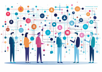 Poster - Business professionals networking through social media connections. Vector illustration of online communication, people interacting digitally, data exchange, modern digital business environment.