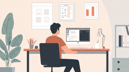 Poster - A man sitting at a desk with a neatly organized workspace, including a plant and minimalistic decor, highlighting a clean and efficient work environment.