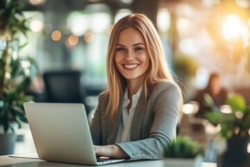 Photo of a smiling businesswoman using a laptop while sitting at a desk in an office, working on a computer and smiling at the camera during a workday,generative ai