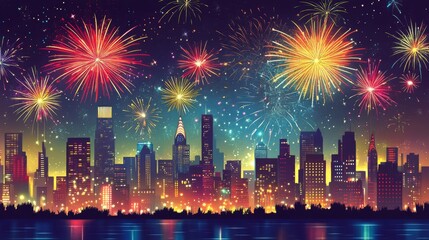 Wall Mural - A Nighttime Cityscape with Fireworks Display