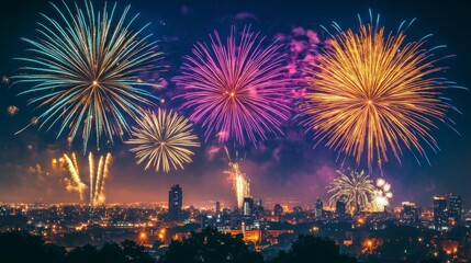 Wall Mural - Fireworks Display Over a City Skyline at Night