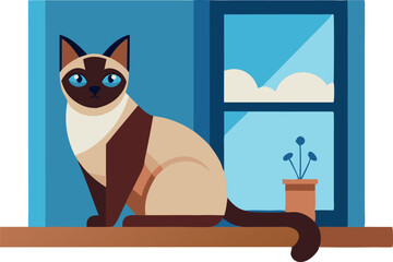 Wall Mural - A cat is sitting on a windowsill next to a potted plant