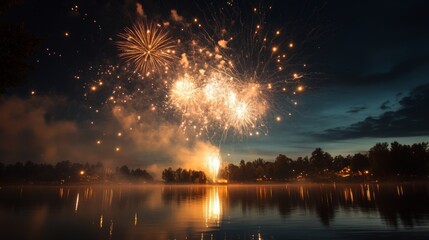 Wall Mural - Fireworks Display Reflected in a Calm Lake at Night