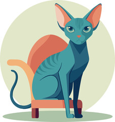 A cat is sitting on a chair with a frown on its face. The cat is blue and orange