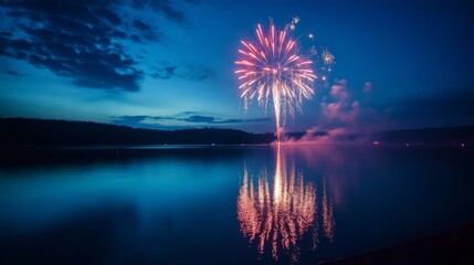 Wall Mural - Fireworks Display Reflecting in a Still Lake at Night