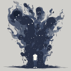 Person surrounded by dark ghost souls representing anxiety and depression. Mental health concept. Flat design illustration