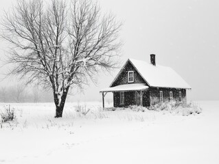 Old abandoned farmhouse being covered by falling snow in winter