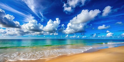 Wall Mural - Calm beach scene with clear blue sky, puffy clouds, and tranquil water, serene, peaceful, nature, landscape, beach, coast