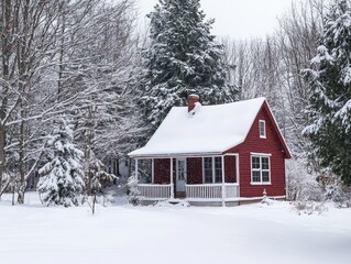 Old abandoned farmhouse being covered by falling snow in winter