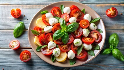 Wall Mural - Fresh tomato and mozzarella salad on a plate, healthy, appetizer, caprese, delicious, vegetarian, Italian, cuisine, fresh, organic